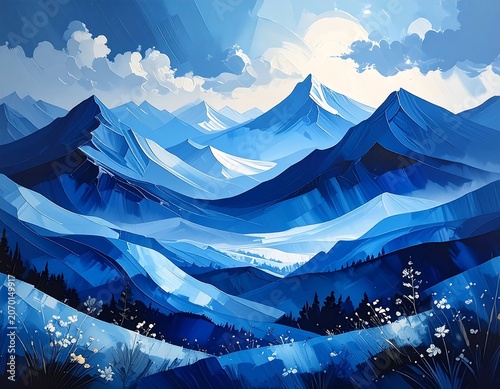 A stylized painting showcasing a mountain range in varying shades of blue, under a partly cloudy sky. The sun is diffused