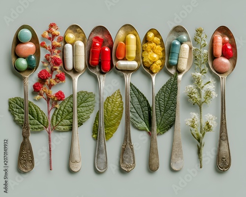 Seven vintage spoons filled with colorful pills and natural botanical elements, representing a blend of traditional and modern approaches to health and wellness