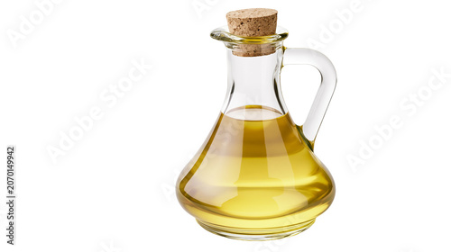Photos Glass cruet with handle filled with golden oil cork stopper, isolated on transpa