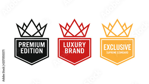Foto Set of three luxury brand badge labels with crown icons for premium product pack