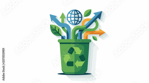 A green recycling bin with arrows and leaves growing out of it