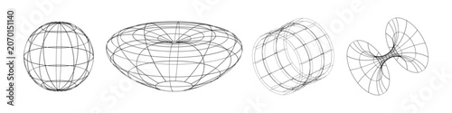 Photography Four 3D wireframe surfaces including sphere, spheroid, cylinder, and hyperboloid