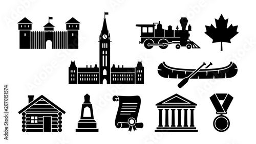 Photos Canada national symbols and landmarks vector icon set including parliament build