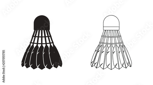 Badminton shuttlecock vector icons, black silhouette and line art birdy set, professional sports equipment graphics for tournament branding