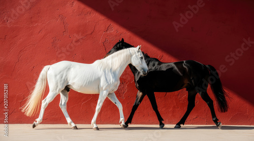 Elegant White and Black Horses Walking Together Against Vibrant Red Wall