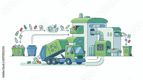 A green recycling truck deposits waste into a facility with recycling bins