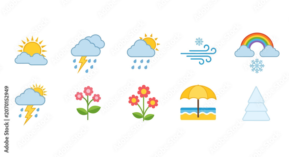 Fototapeta premium Weather and seasonal icons set for forecast and nature