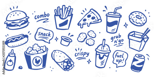 Bild auf Leinwand Fast Food Set Minimal Doodle Vector Illustration
