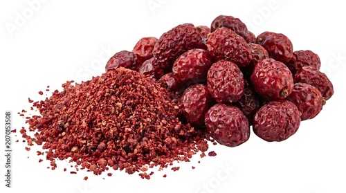 Dried Sumac Berries and Ground Sumac Spice Isolated on White Background