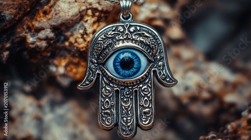 Stylish silver hamsa hand charm with a protective blue evil eye.