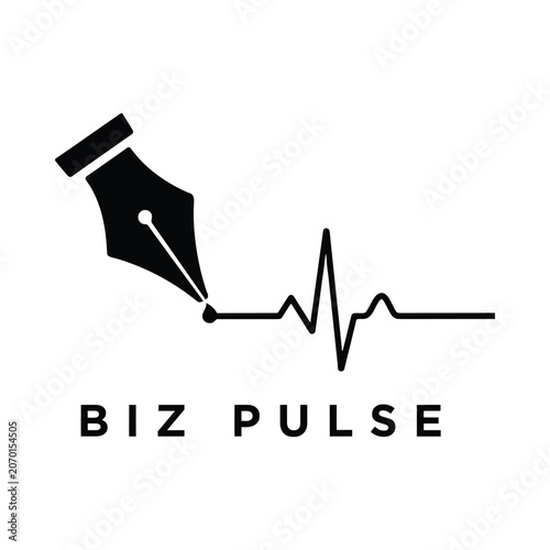 Fountain Pen And Heartbeat Line Black Silhouette On White Background