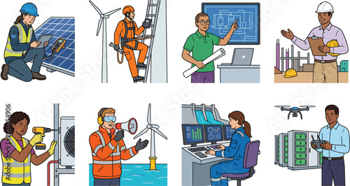 Renewable Energy Workforce and Engineering Professionals Vector Illustration Collection Set
