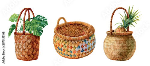 Foto Watercolor painting depicting a trio of handcrafted wicker and straw baskets