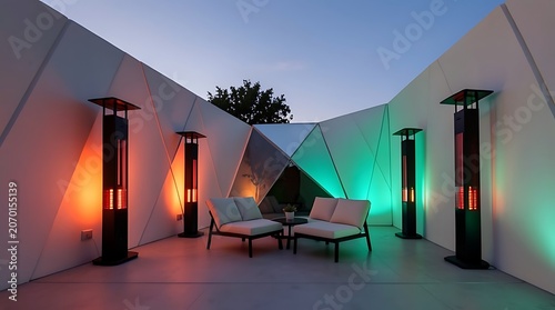 Colorful illuminated outdoor lounge with modern seating and geometric walls.