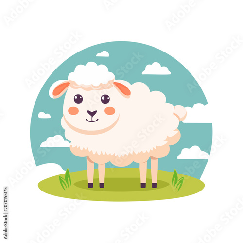 Cute cartoon sheep on green grass with blue sky