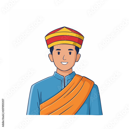 Man in Traditional Blue Clothing with Colorful Hat
