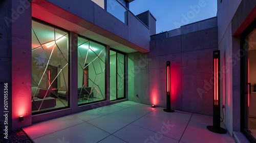 Nighttime exterior of a modern building with colorful neon lights and reflective glass panels.