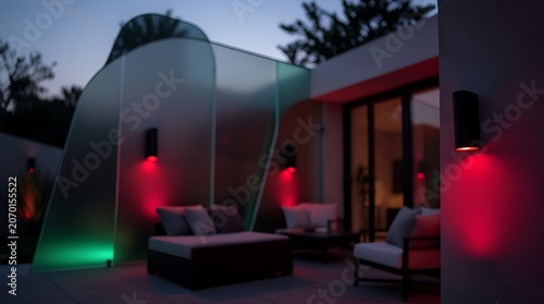 Evening outdoor patio with glass partitions and colorful ambient lighting creating a modern relaxed outdoor living space.