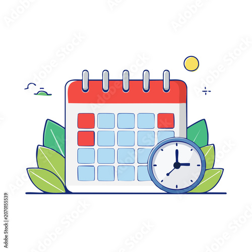 Calendar and Clock Flat Vector Illustration