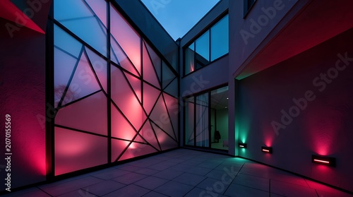 Colorful Night Scene Inside a Modern Glass Building Atrium with Neon Lighting.