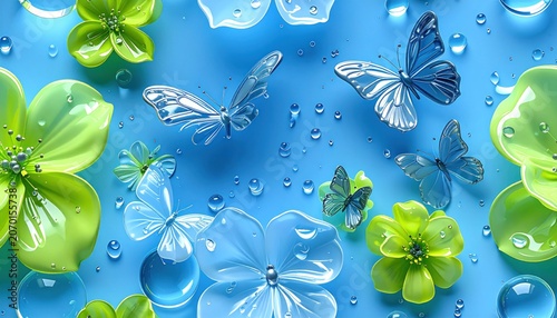 Enchanting Blue Background with Butterflies and Flowers for Serene Designs.