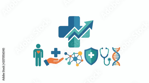 A medical graphic with a large cross and arrow above various health-related symbols