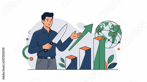 A man presents a chart with a globe and an upward green arrow