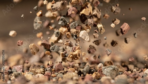 Closeup medium shot of earthtoned mineral granules tumbling showcasing natural hues derived from crushed stone for enhanced weather resistance on shingle surfaces.