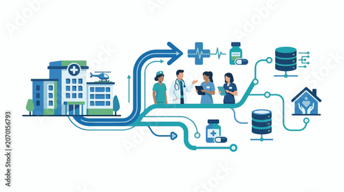 A medical illustration depicting healthcare professionals and digital connections