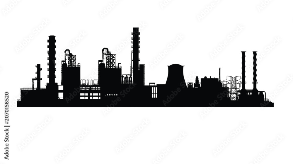 Fototapeta premium Factory silhouette stands against a plain white background to represent industrial manufacturing and production facilities in a clean graphic style.
