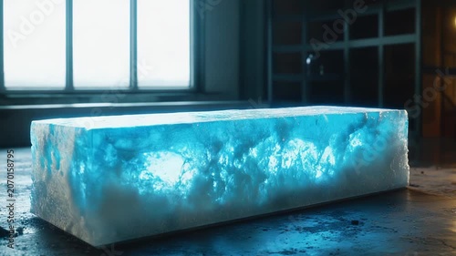 Large translucent block of ice with an ethereal blue glow sits on a textured concrete floor, casting luminescent light in a dark, cold environment with a window in the background