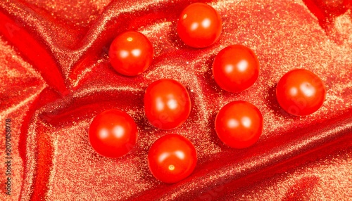 Cherry Tomatoes on Red Fabric.