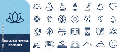 Mindfulness and wellness set featuring lotus, zen stones, sun, moon, brain, hands, nature and meditation symbols in outline style