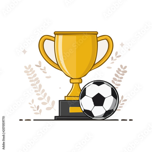Gold trophy and soccer ball flat vector illustration