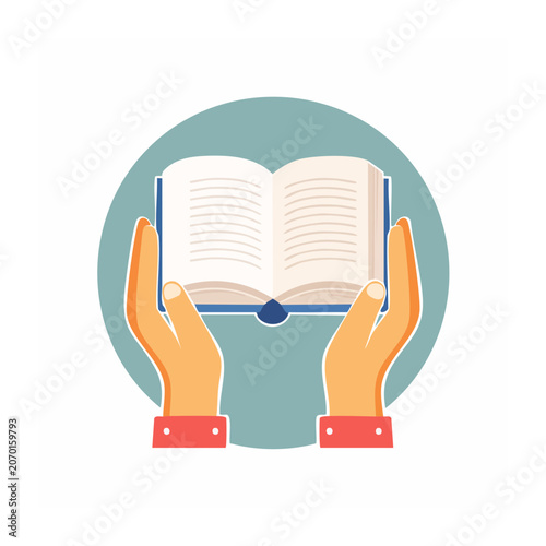 Hands holding an open book, flat design illustration