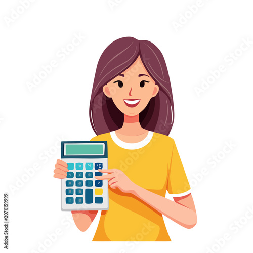 Woman holding calculator, flat vector illustration