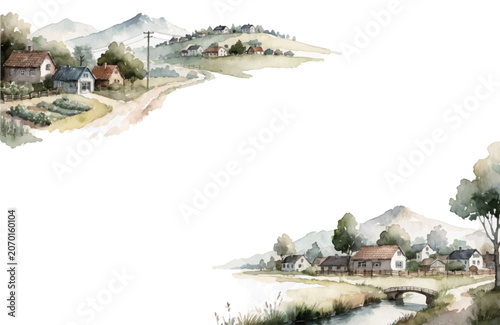 Watercolor frame with Japanese countryside landscape and village
