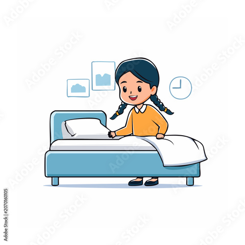 Cartoon girl making a bed in a bedroom