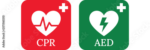 Bild auf Leinwand CPR and AED icon collection vector emergency defibrillator sign cardiac rescue C