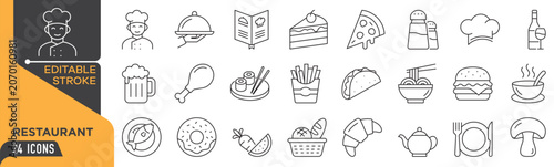 Restaurant Food Line Icons Set - Editable Stroke Outline Vector Collection with Chef, Burger, Pizza, Sushi and Dining Symbols