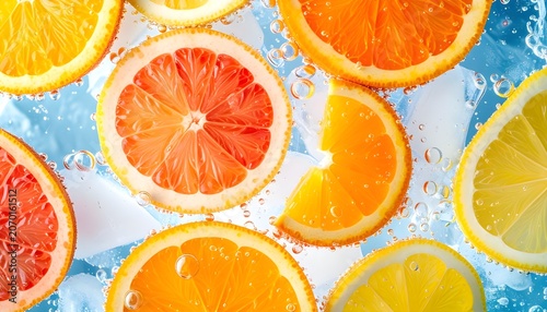Close-up shot of refreshing citrus slices - oranges, lemons, and grapefruits - submerged in glistening, icy water with subtle bubbles