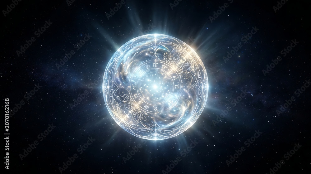 Fototapeta premium Glowing magical crystal sphere featuring intricate ancient circular patterns and brilliant radiant light beams suspended in deep dark space with sparkling distant stars and cosmic clouds