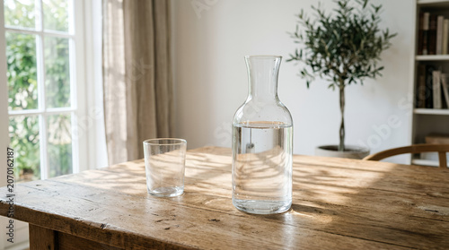 Close-up of a glass of sparkling water with bubbles on a wooden table