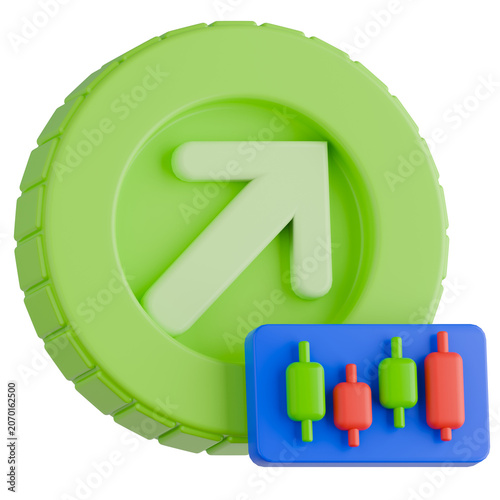 Stock Market Growth Concept with Green Coin Upward Arrow and Candlestick Chart Panel. 3d icon.