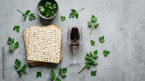 Glass of red wine with stacked matzah and fresh herbs on a rustic stone backdrop
