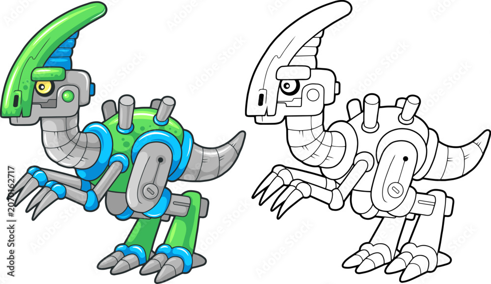 Naklejka premium cute robot dinosaur parasaurolophus, coloring book