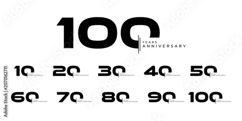Set of modern vector logo designs for 10th to 100th anniversary, in black color for celebrations, weddings and birthdays	
