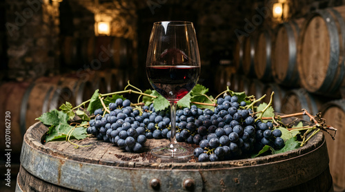 Wine cellar with romantic ambiance, serving red wine and fresh grapes on wooden barrel