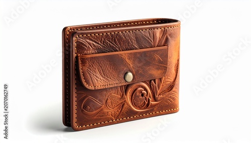 Elegant Brown Leather Wallet with Intricate Embossed Design.
