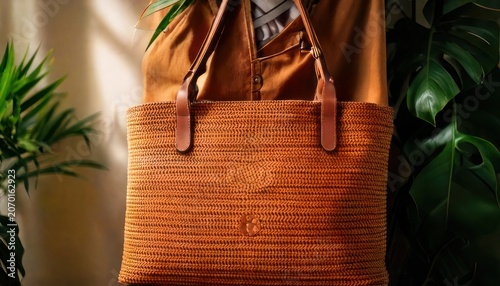 Elegant Brown Tote Bag with Woven Texture and Leather Handles.